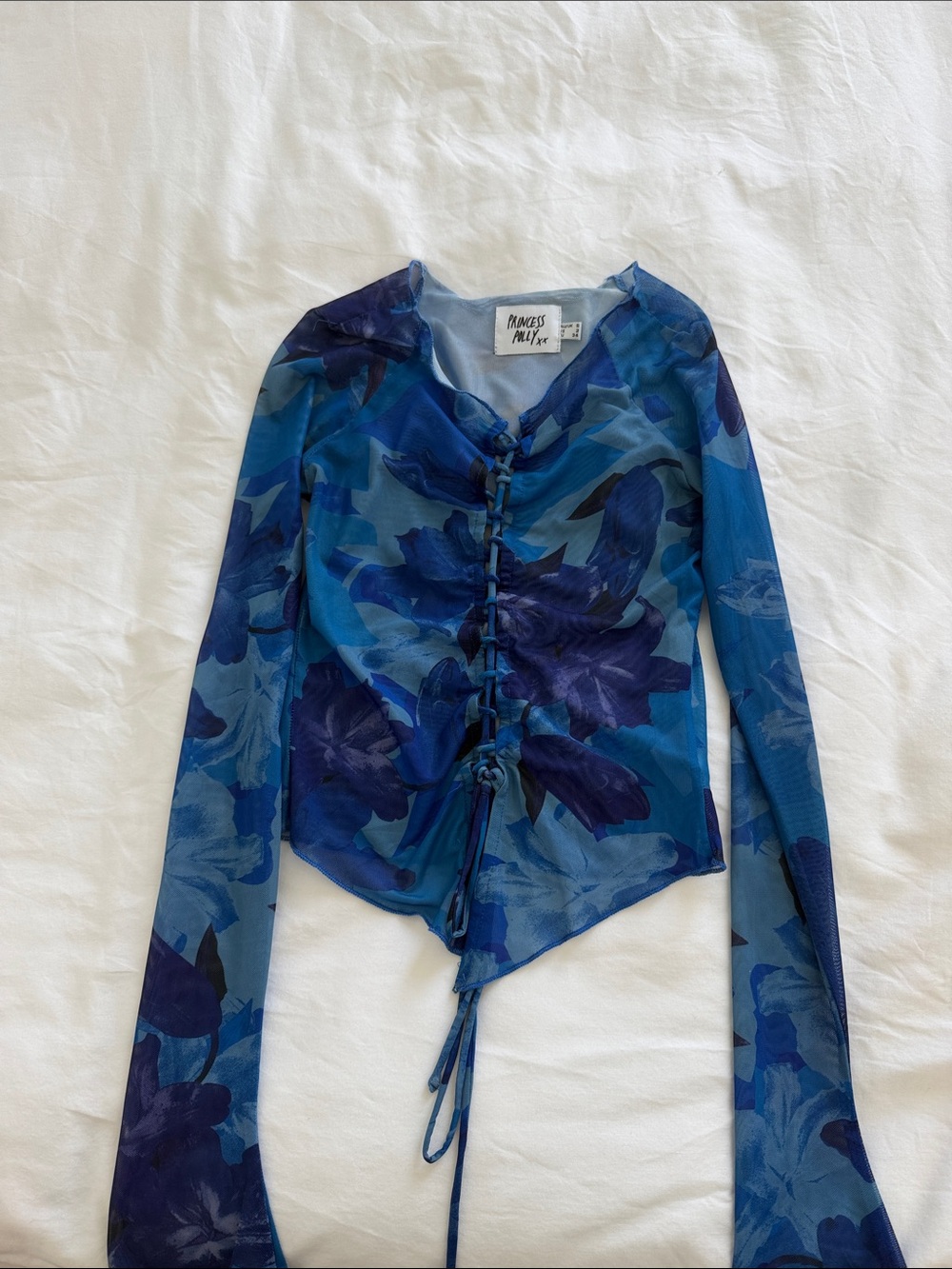 Princess Polly Blue Floral Mesh Ruched Tie-Front Long Sleeve Top